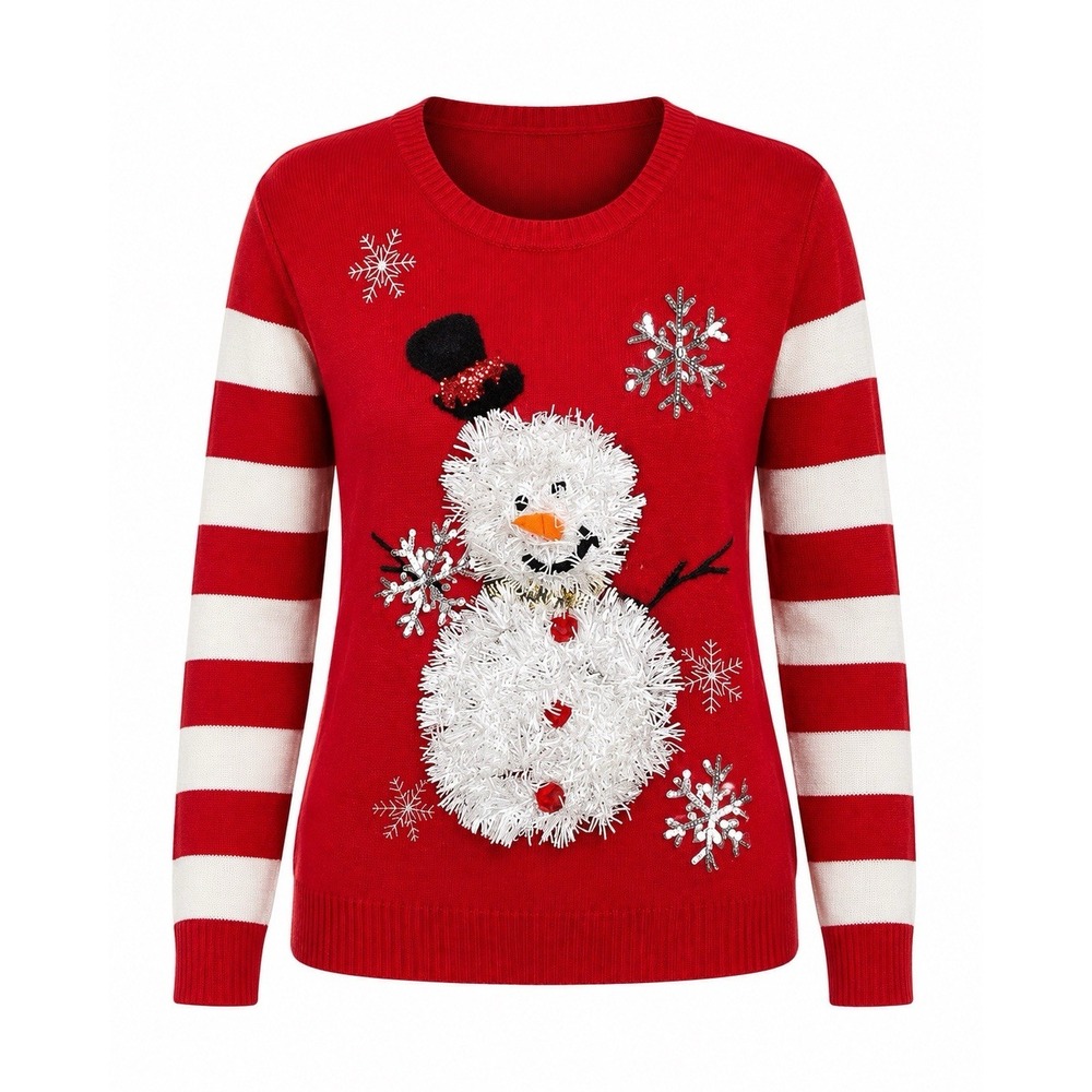 Women's Snowman Christmas Sweater M L Sequin Peppermint Stripe Ugly Holiday